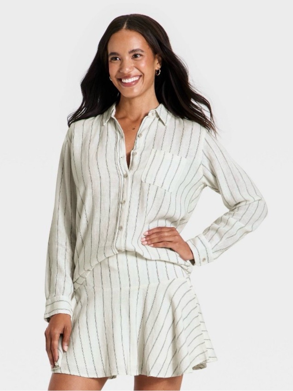 Target Universal Thread Linen Button-Down Shirt Gray White Stripe XS